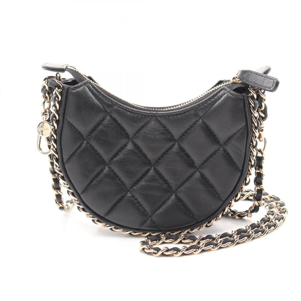 Chanel Matelasse Hobo Chain round Shoulder Bag Lambskin Sheepskin Black